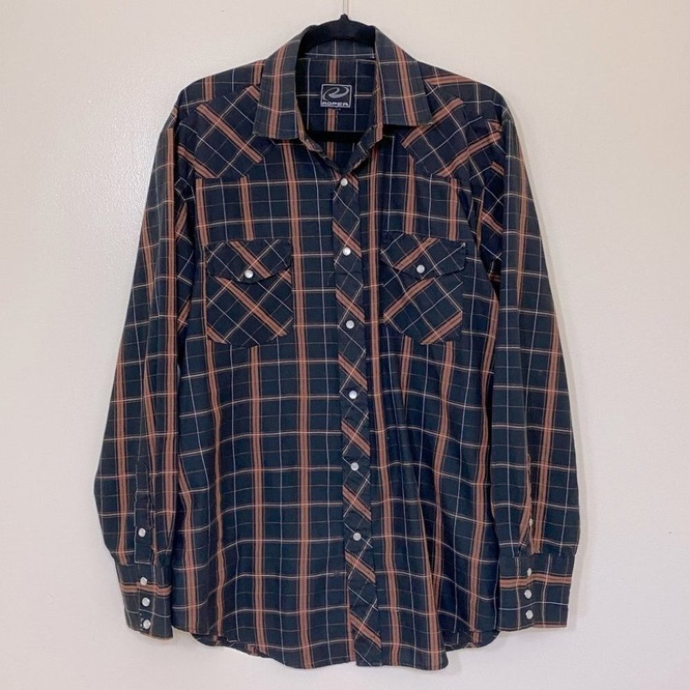 Vintage Black & Orange Plaid Western Pearl Snap L